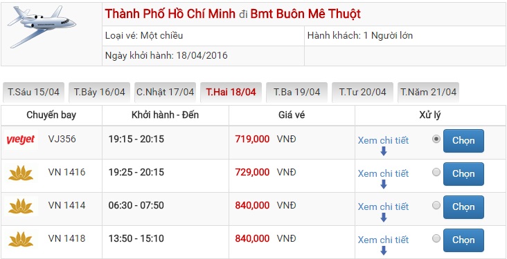 Bảng giá vé máy bay Sài Gòn Buôn Ma Thuột của Vietjet Air