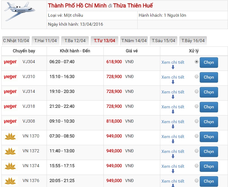 Bảng giá vé máy bay Sài Gòn Huế của Vietjet Air