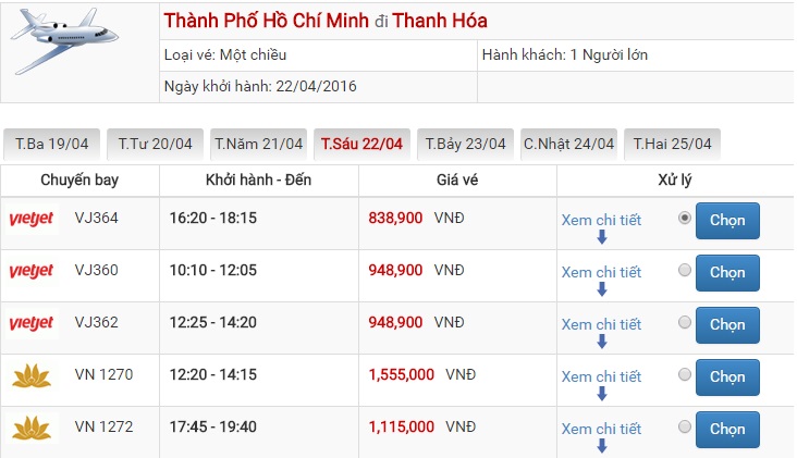 Bảng giá vé máy bay Sài Gòn Thanh Hóa của Vietjet Air