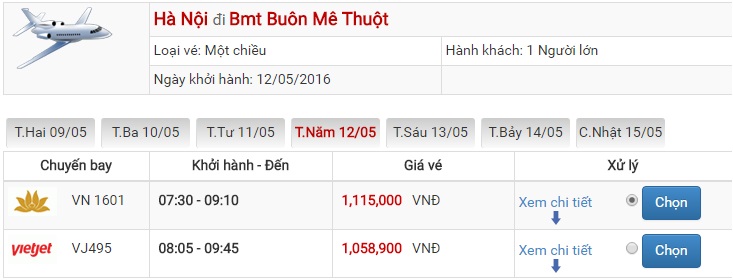 Bảng giá vé máy bay Hà Nội Buôn Ma Thuột của Vietjet Air