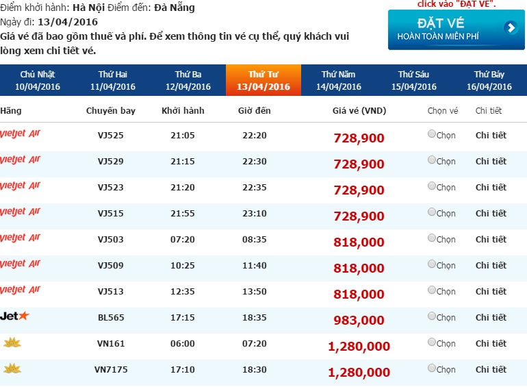 Bảng giá vé máy bay Hà Nội Đà Nẵng của Vietjet Air