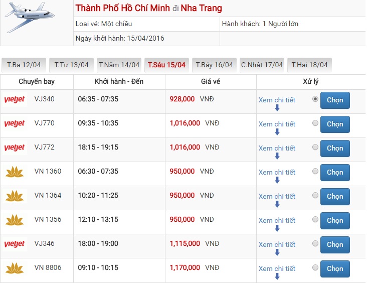 Bảng giá vé máy bay Sài Gòn Nha Trang của Vietjet Air