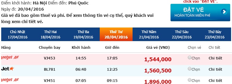 Bảng giá vé máy bay Hà Nội Phú Quốc của Vietjet Air