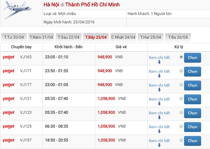 Bảng giá vé máy bay Hà Nội Sài Gòn của Vietjet Air