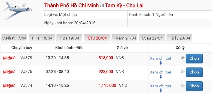 Bảng giá vé máy bay Sài Gòn Chu Lai của Vietjet Air