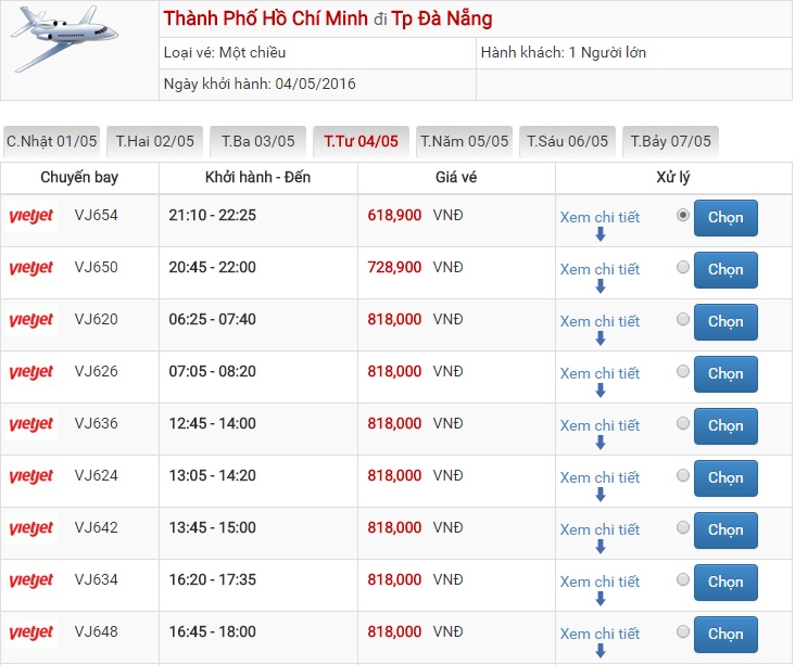 Bảng giá vé máy bay Sài Gòn Đà Nẵng của Vietjet Air