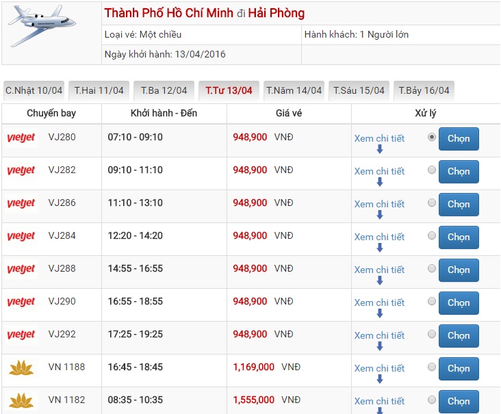 Bảng giá vé máy bay Sài Gòn Hải Phòng của Vietjet Air