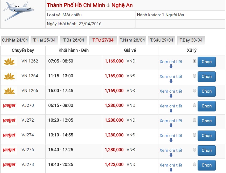 Bảng giá vé máy bay Sài Gòn Vinh của Vietjet Air